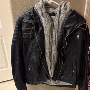 Women Black Leather Jacket with Gray Hoodie